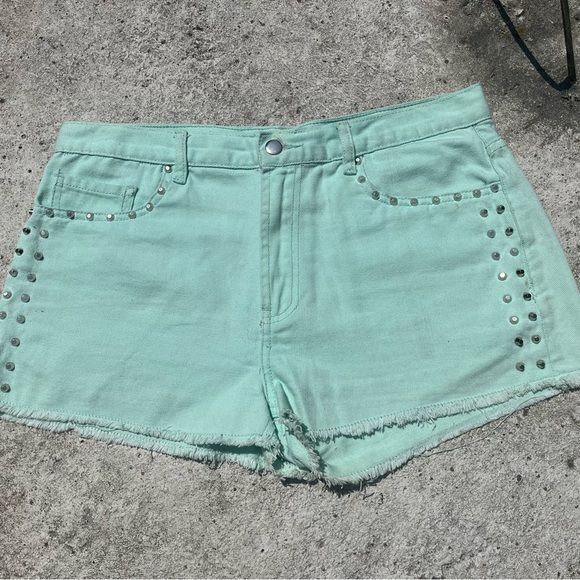 Mint Green Cutoff Shorts - Picture 2 of 7
